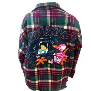 Alice in Wonderland Plaid Flannel Shirt LARGE Shacket Disney Cheshire Cat Unique